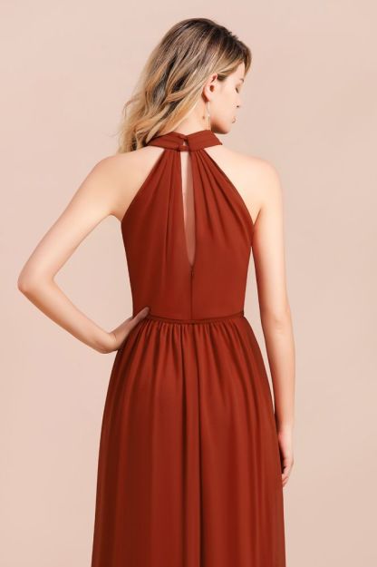 Halter Chiffon Bridesmaid Dress Sleeveless Formal Dress with Side Slit
