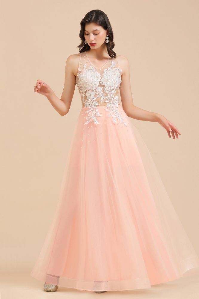 Simple Round neck Lace appliques Pink A-line evening dress