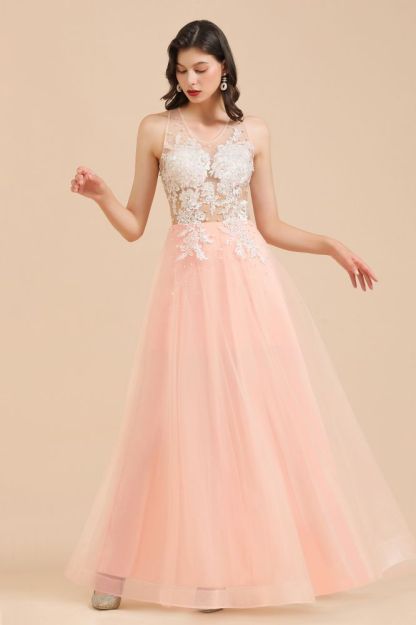 Simple Round neck Lace appliques Pink A-line evening dress