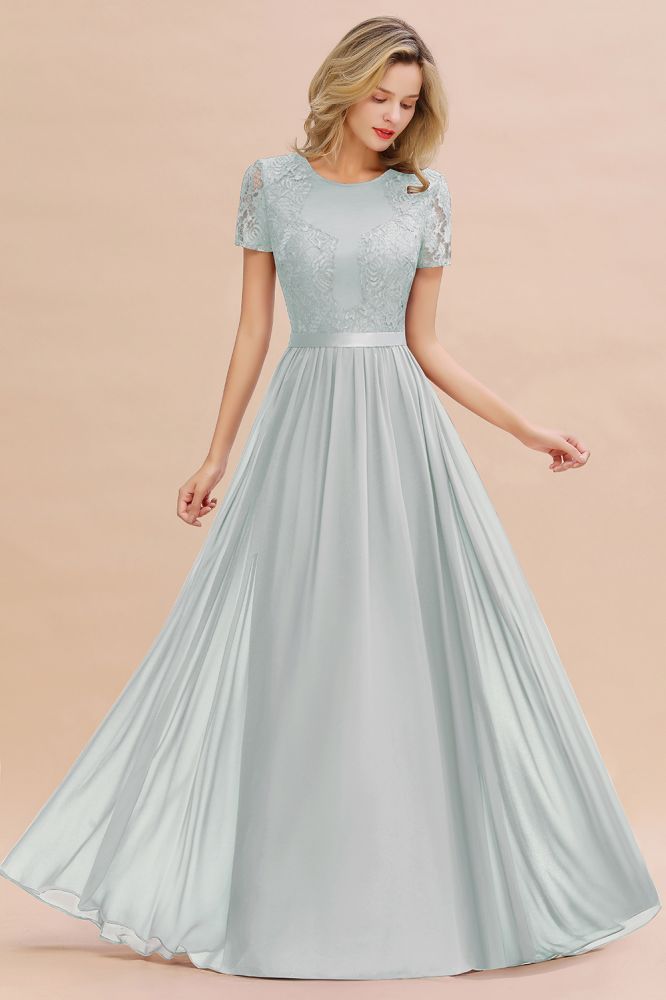 Retro Chiffon Lace Scoop Short-Sleeves Online Bridesmaid Dress