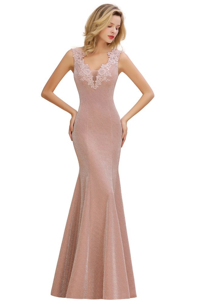 Sparkly Deep V-neck Long Evening Dresses | Elegant Flowers Neck Sleeveless Pink Floor-length Formal Dress-Babyonlinewholesale