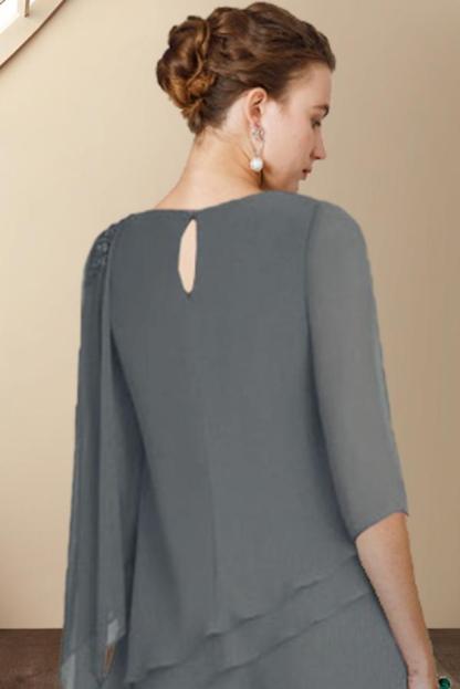 Elegant Jewel Neck Floor Length Chiffon 3/4 Length Sleeves Mother of Bride Jumpsuit with Appliques