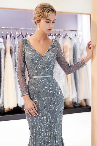 MAVIS | Mermaid Long Sleeves V-neck Sequins Evening Gowns with Sash