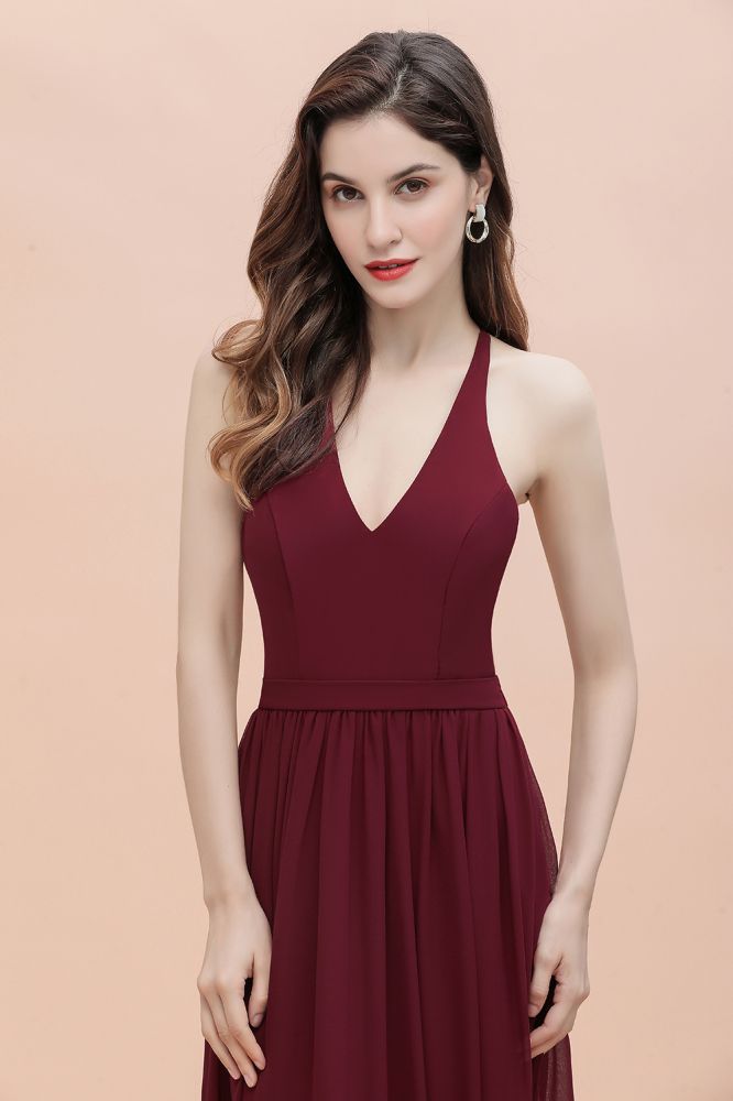 Burgundy Sleeveless V-neck Beaded Back Chiffon Bridesmaid Dress