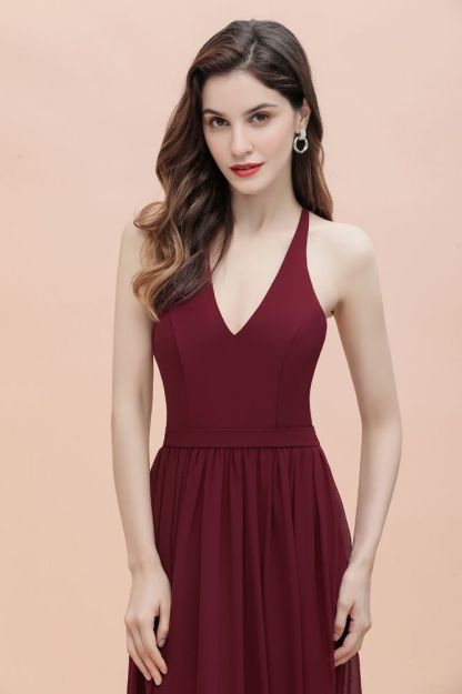 Burgundy Sleeveless V-neck Beaded Back Chiffon Bridesmaid Dress