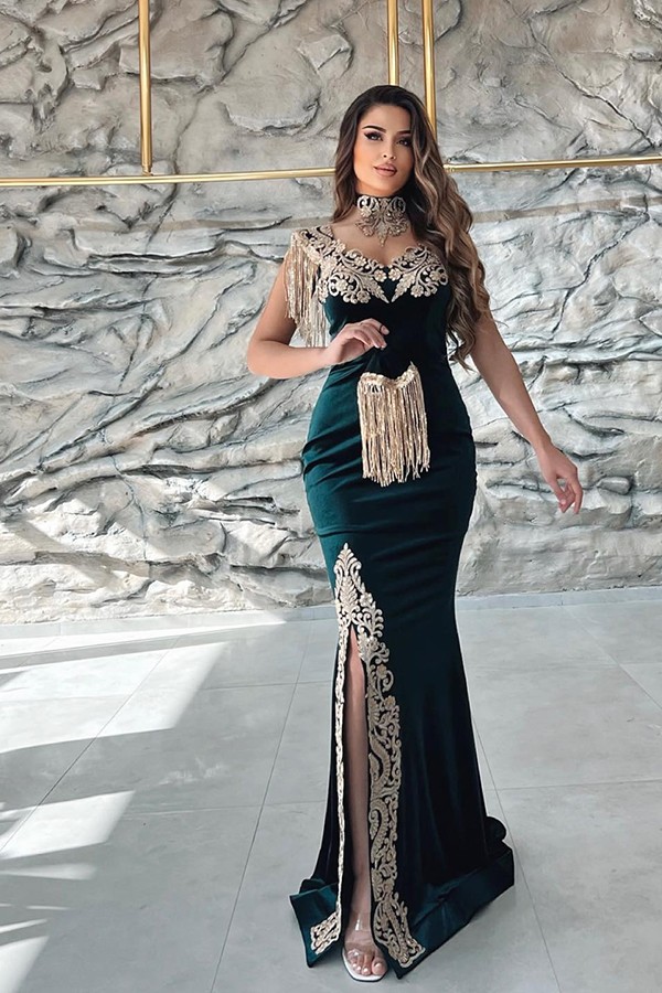 Dark green velvet sleeveless long prom dress with gold lace appliques