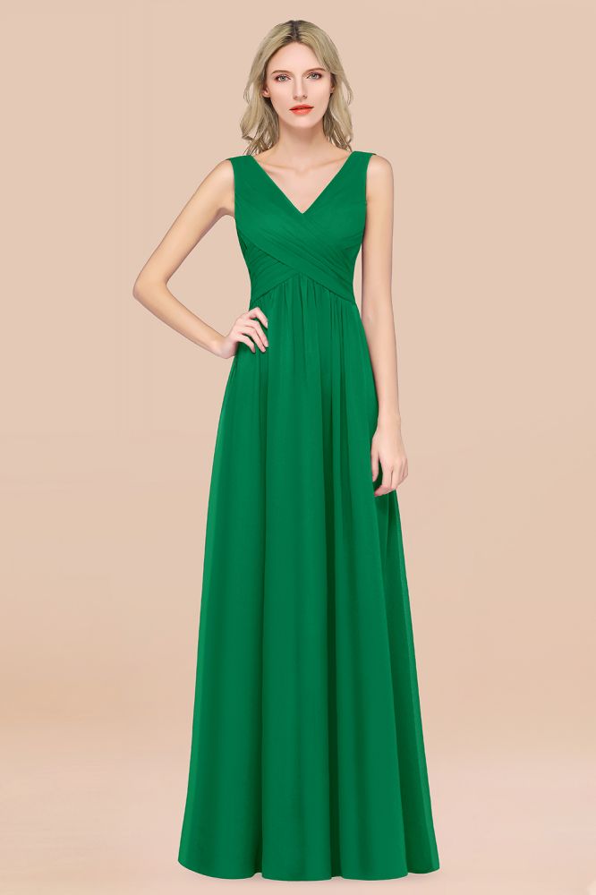Chiffon A-Line Straps V-Neck Sleeveless Long Bridesmaid Dress with Ruffles