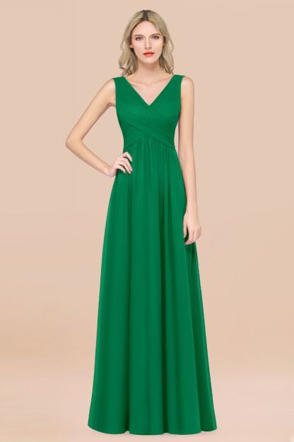 Chiffon A-Line Straps V-Neck Sleeveless Long Bridesmaid Dress with Ruffles
