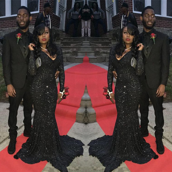 Sparkly Black Sequins Long-Sleeves Deep-V-Neck Alluring Prom Dresses
