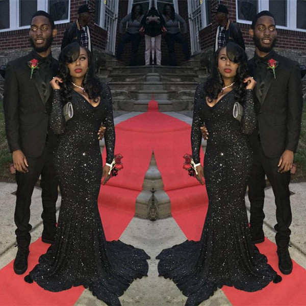 Sparkly Black Sequins Long-Sleeves Deep-V-Neck Alluring Prom Dresses