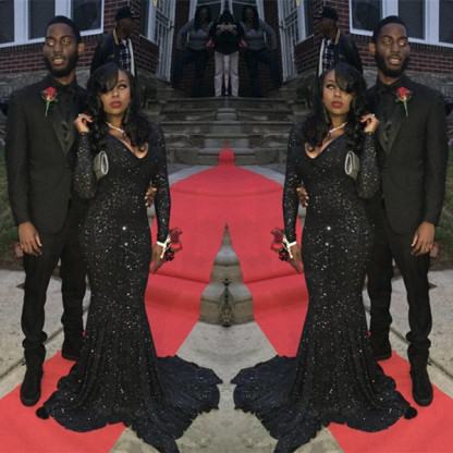 Sparkly Black Sequins Long-Sleeves Deep-V-Neck Alluring Prom Dresses