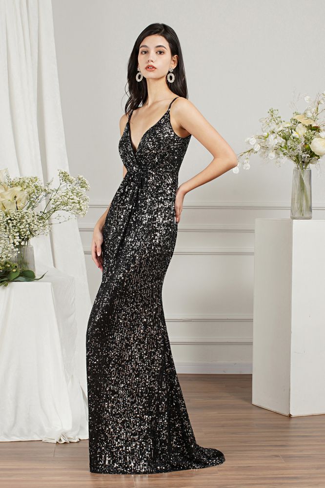 Black Sparkly Spaghetti Strap Sleeveless Long Meramid Sequins Prom Dress