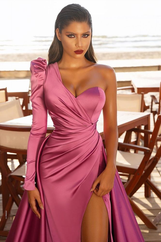One Shoulder Satin Side Split Evening Maxi Gowns with Sweep Train