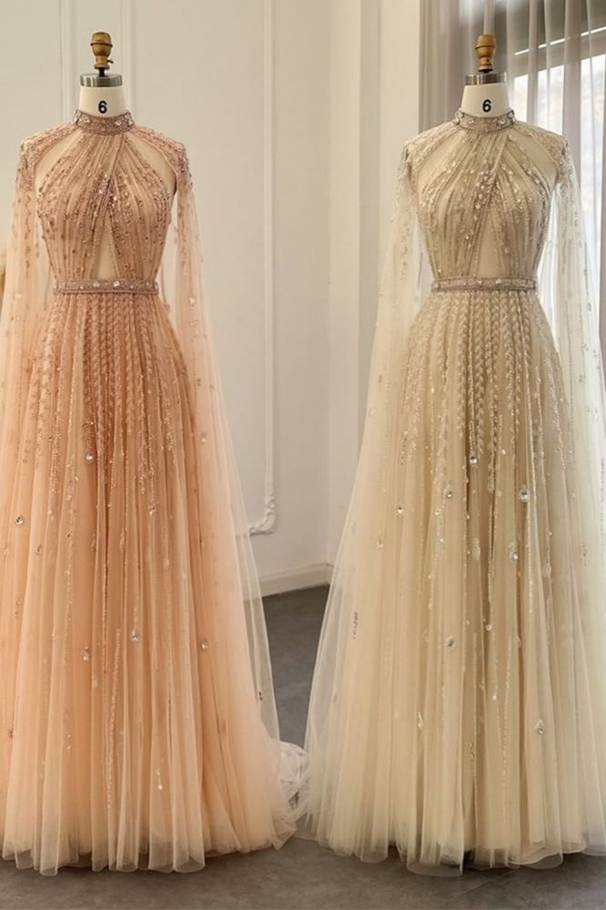 Halter Tulle Beadings Floor-Length Evening Dress with Cap Sleeves Tulle Party Dress