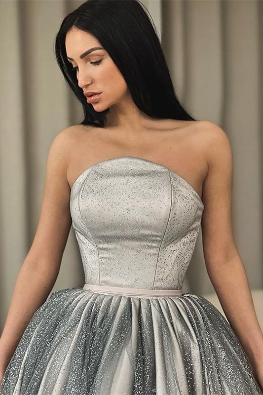 Silver Strapless Knee length A-line Prom Dresses
