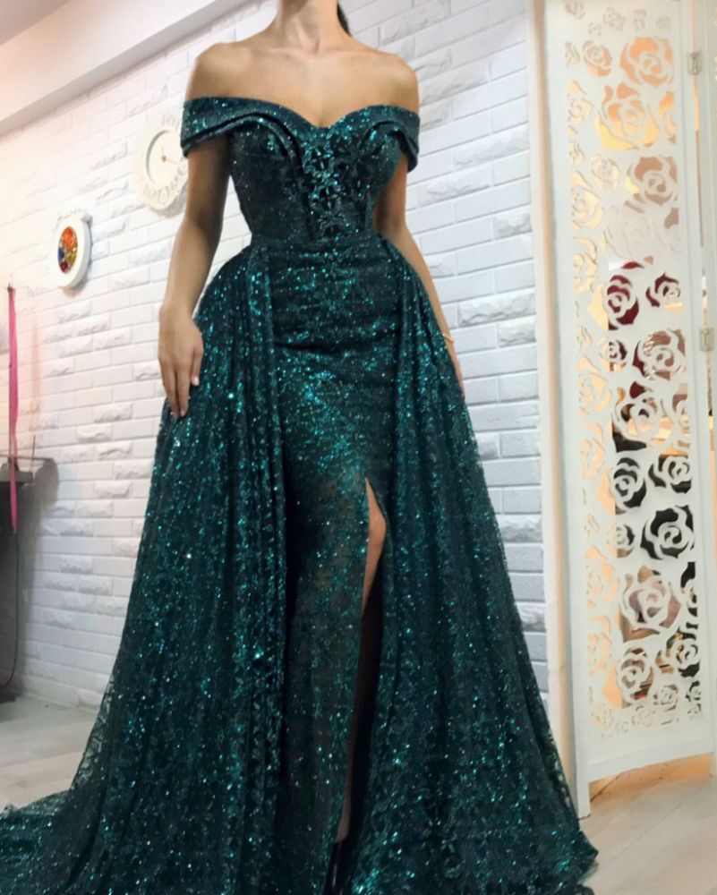 Dark Green Off the Shoulder Sparkle Long Evening Dresses | Sheath Sexy High Split Overskirt Prom Dresses-Babyonlinewholesale