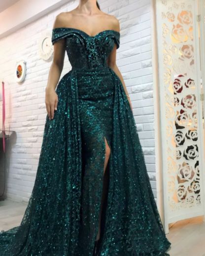 Dark Green Off the Shoulder Sparkle Long Evening Dresses | Sheath Sexy High Split Overskirt Prom Dresses-Babyonlinewholesale