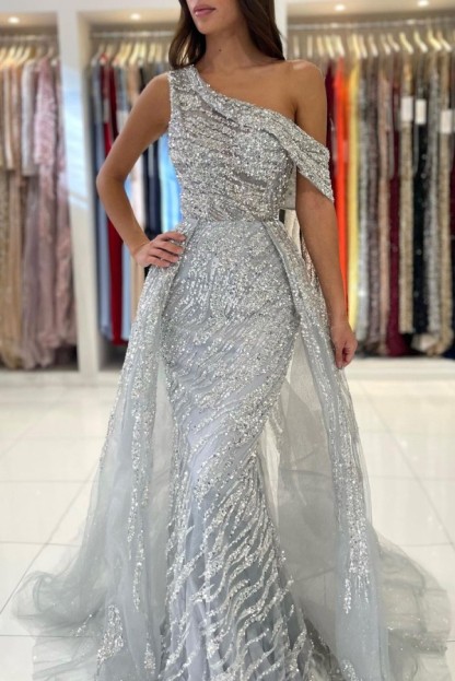 Silver Grey One Shoulder Sequined Floor Length Prom Party Dress
