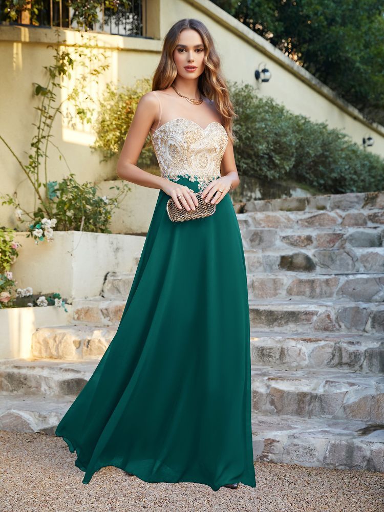 Sleeveless Lace Appliques Long Prom Dresses Chiffon Evening Party Gown