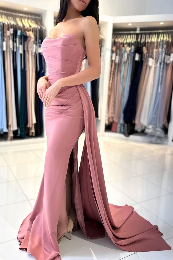 Sexy Pink Floor Length Tiered Strapless Prom Dress with Ruffles