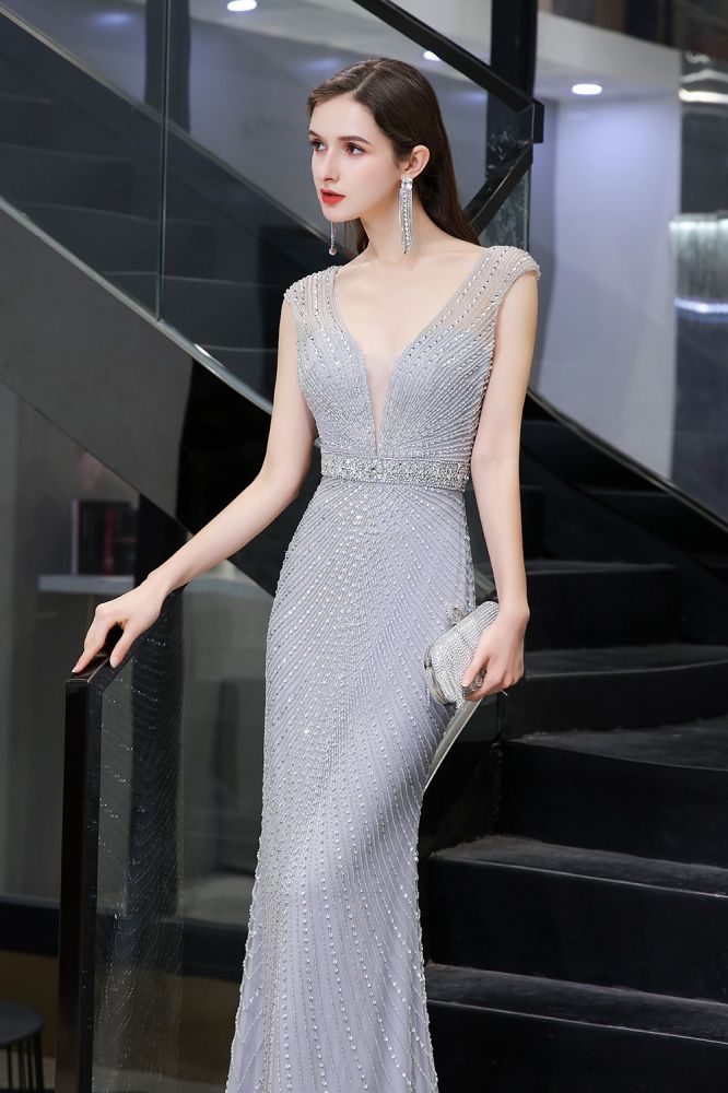 Sexy Mermaid V-neck Silver Mermaid Prom Dress