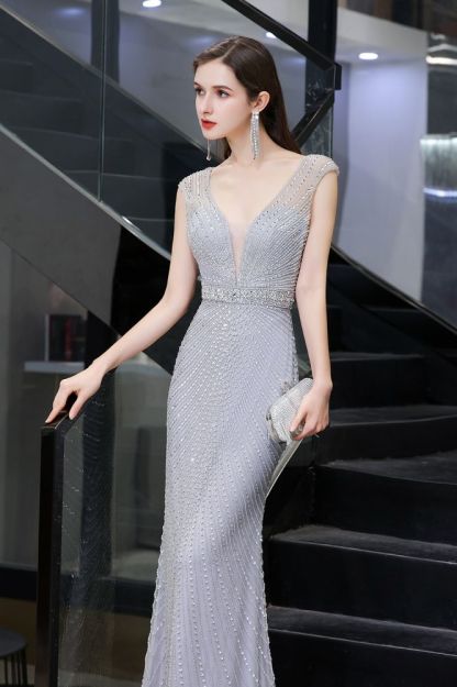 Sexy Mermaid V-neck Silver Mermaid Prom Dress