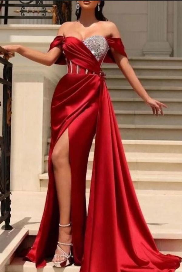 Stunning Off-the-Shoulder Satin Side Split Prom Dress Glitter Crystals Evening Party Dress