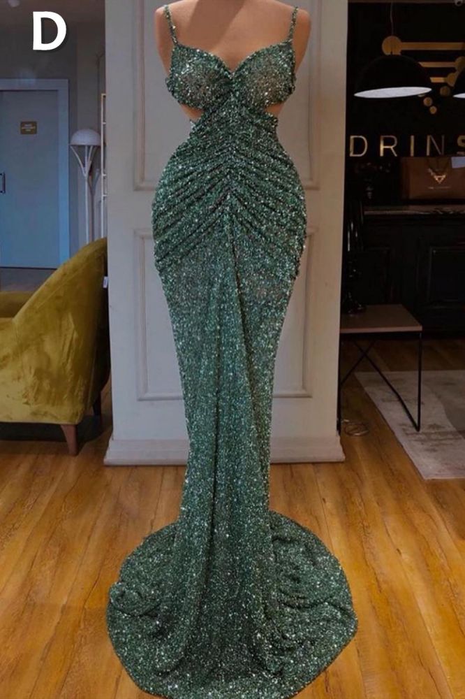 Sparkle dark green high split straps sequin sleeveless long prom dress