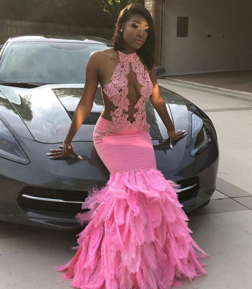 Pink Halter Mermaid Feather Prom Dress Appliques Evening Dressing