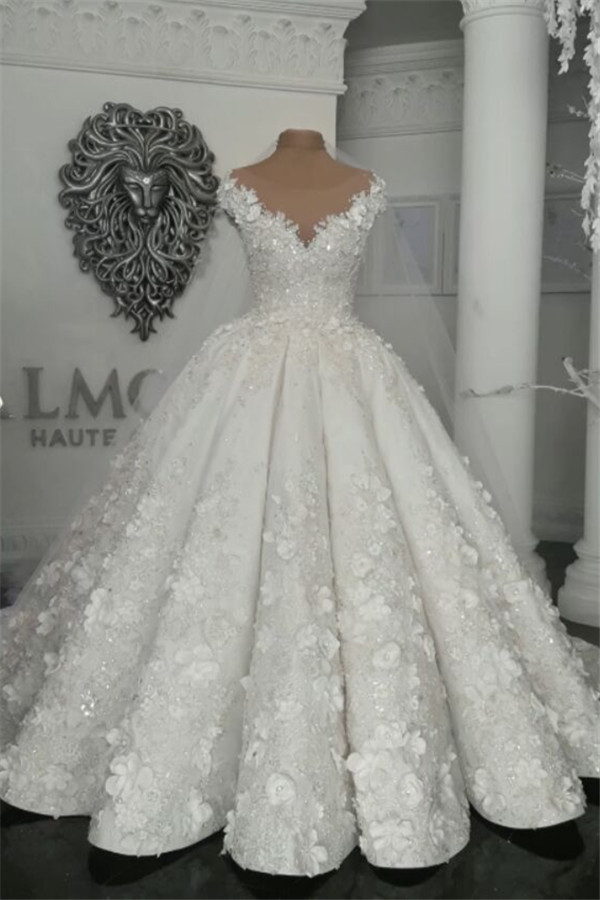2021 Luxury Sleeveless Crystal Wedding Dresses | Sheer Tulle Flowers Bridal Gowns with Beading BC0708-Babyonlinewholesale