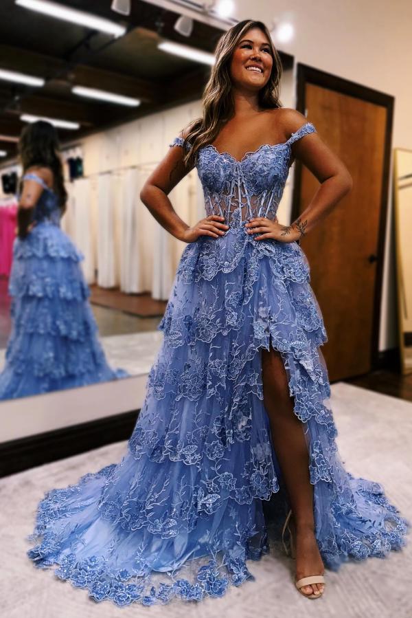 Sexy V-Neck Off-The-Shoulder A-Line Lace Wedding Dresses with Slit