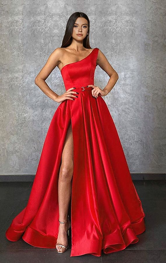 One shoulder Burgundy High Split A-line Ball Gown Prom Dresses