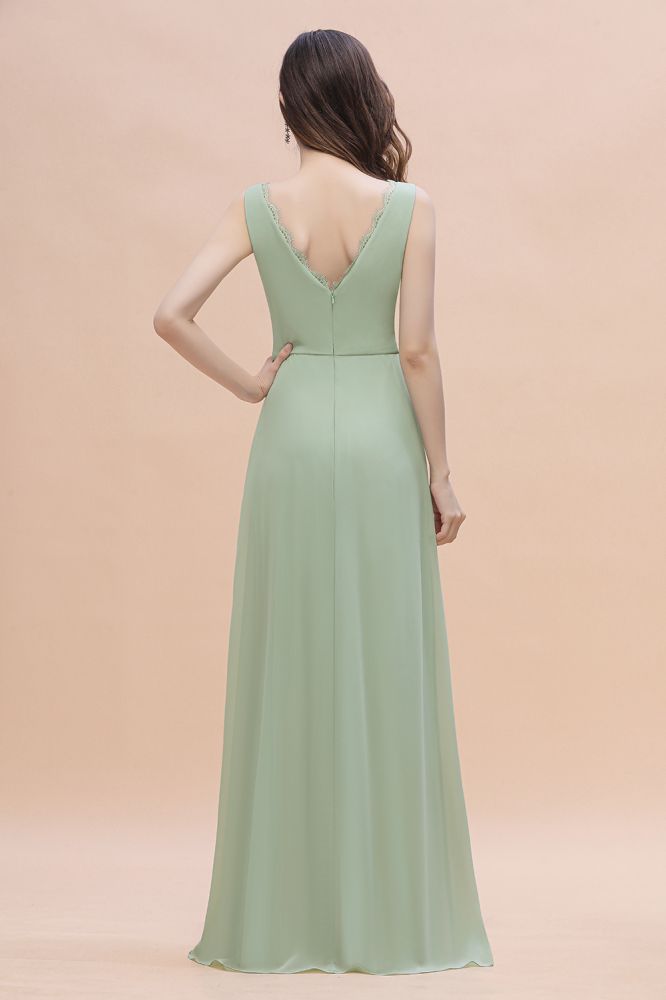 V-Neck Ruffle Chiffon Beach Wedding Guest Dress Aline Evening Dress with Side Slit