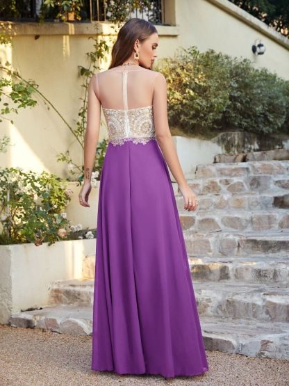 Sleeveless Lace Appliques Long Prom Dresses Chiffon Evening Party Gown