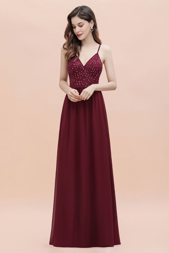 V-Neck Straps A-line Bridesmaid Dress Sequins Evening Dress