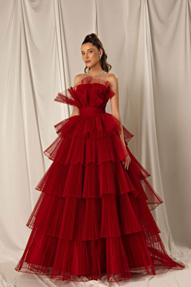 Strapless Burgundy Ruffles Ball Gown Evening Dresses