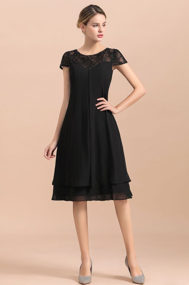 Black Short Sleeves Lace Wedding Party Dress Chiffon Knee Length Dress