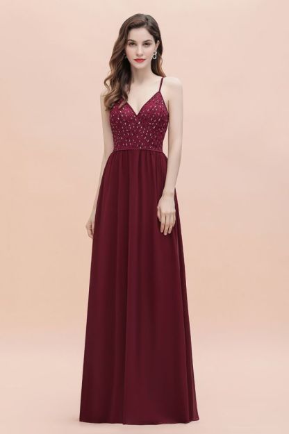 V-Neck Straps A-line Bridesmaid Dress Sequins Evening Dress