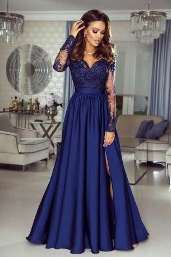 Elegant Navy Lace Satin Evening Maxi Dress Long Sleeves Formal Dress with Side Split