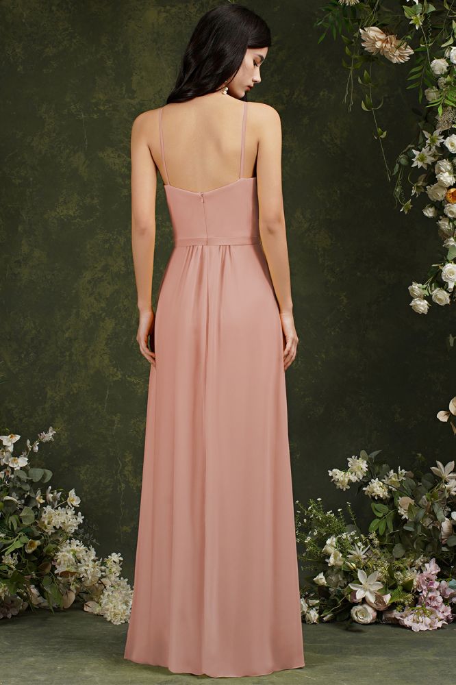 Chiffon Halter Spaghetti Straps A-Line Split Ruffles Bridesmaid Dress With Pockets