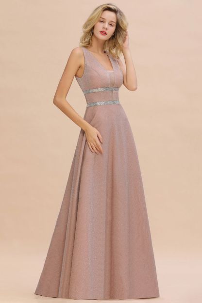 Sparkly Deep V-neck Long Evening Dresses with Shining Belt | Elegant Sleeveless V-back Pink Formal Dress-Babyonlinewholesale
