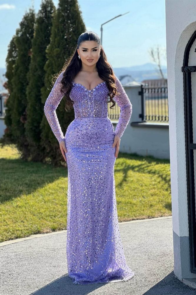 Lilac Long sleeves Mermaid Train Sweetheart Prom Dresses