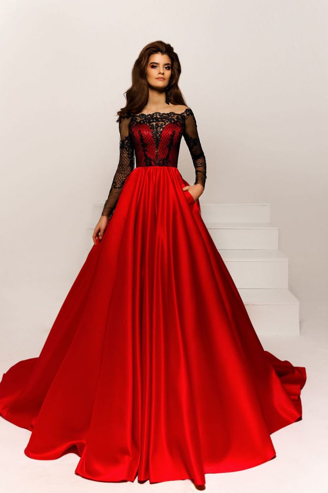 Long Sleeves Red Black Lace Sleeves Floor length Prom Dresses