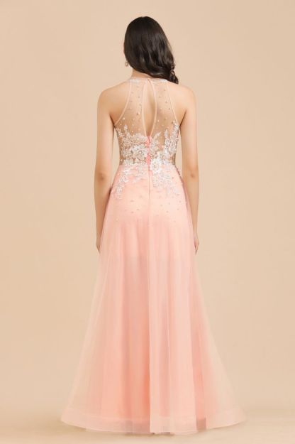 Simple Round neck Lace appliques Pink A-line evening dress