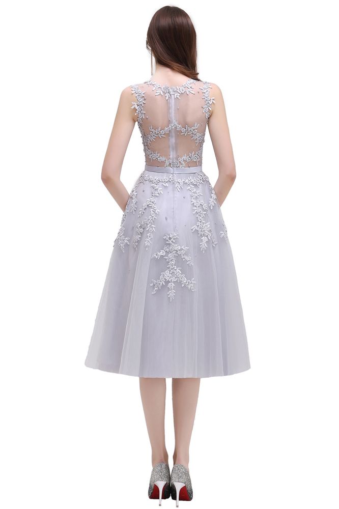 EMORY | A-Line Crew Tea Length Lace Appliques Short Prom Dresses
