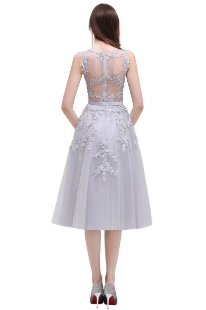 EMORY | A-Line Crew Tea Length Lace Appliques Short Prom Dresses