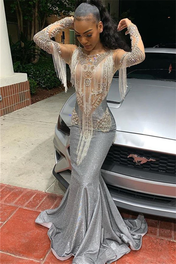 Sparkle Beads Sheer Tulle Prom Dresses | Fit and Flare Crystal Alluring Evening Gowns