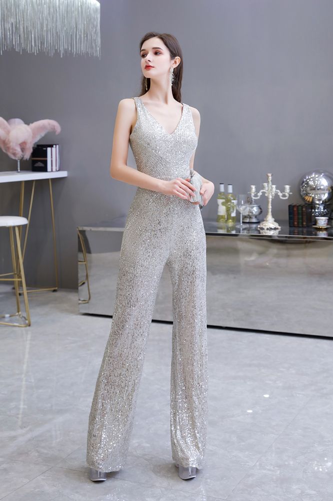 Sexy Shining V-neck Silver Sequin Sleeveless Prom Jumpsuit