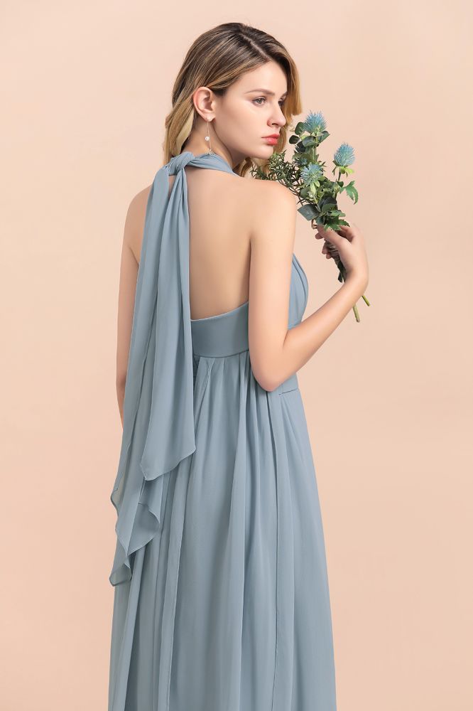 Grey Blue V-Neck Sleeveless Aline Wedding Guest Dress Simple Bridesmaid Dress Floor Length