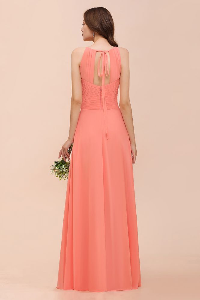Sexy Coral Wrinkles Chiffon Long bridesmaid Dress Sleeveless Aline Wedding Guest Dress